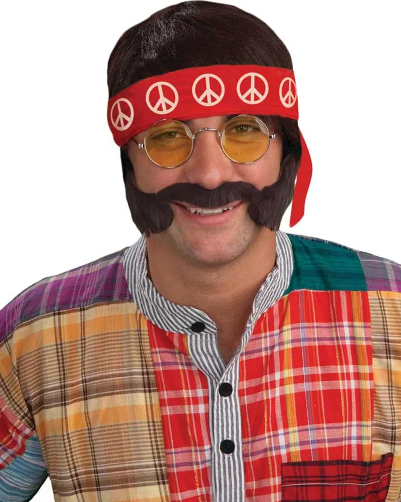 60s Hippie Wig Sideburns Moustache Glasses and Headband Kit