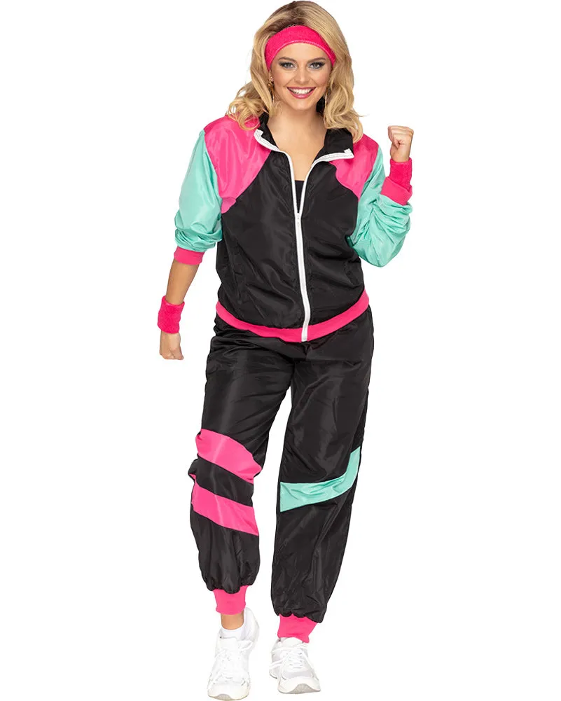 80s Black and Pink Deluxe Tracksuit Adult Plus Size Costume