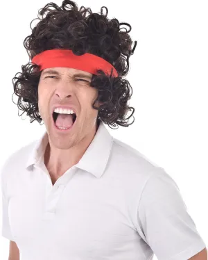 80s Tennis Aggro Curly Brown Wig and Headband