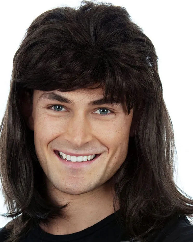 80s Wayne Black Mullet Wig with Black Cap