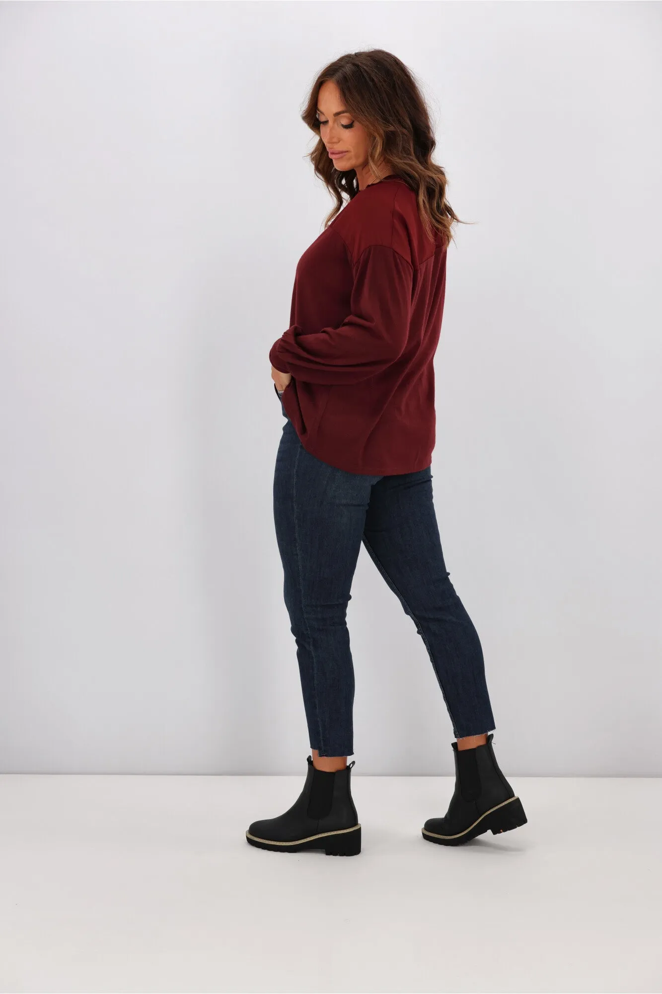 Alpine by Shine On Fleur Chiffon Yoke Merino Top Claret