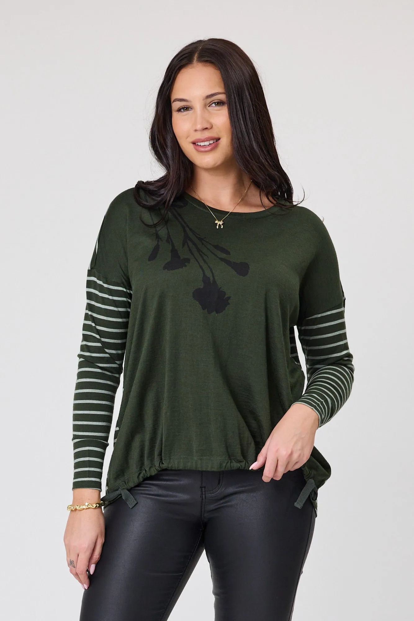 Alpine by Shine On Serena Top Olive with Olive Grey Stripe