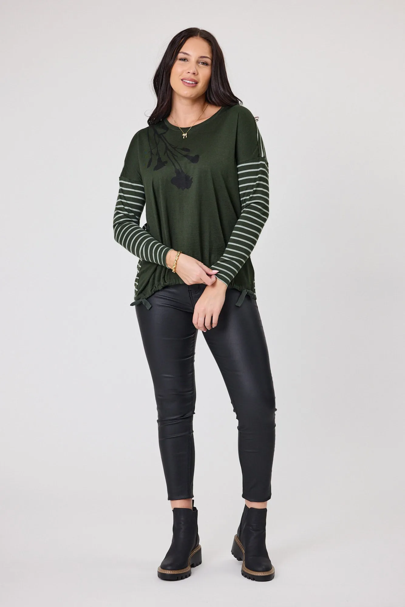 Alpine by Shine On Serena Top Olive with Olive Grey Stripe