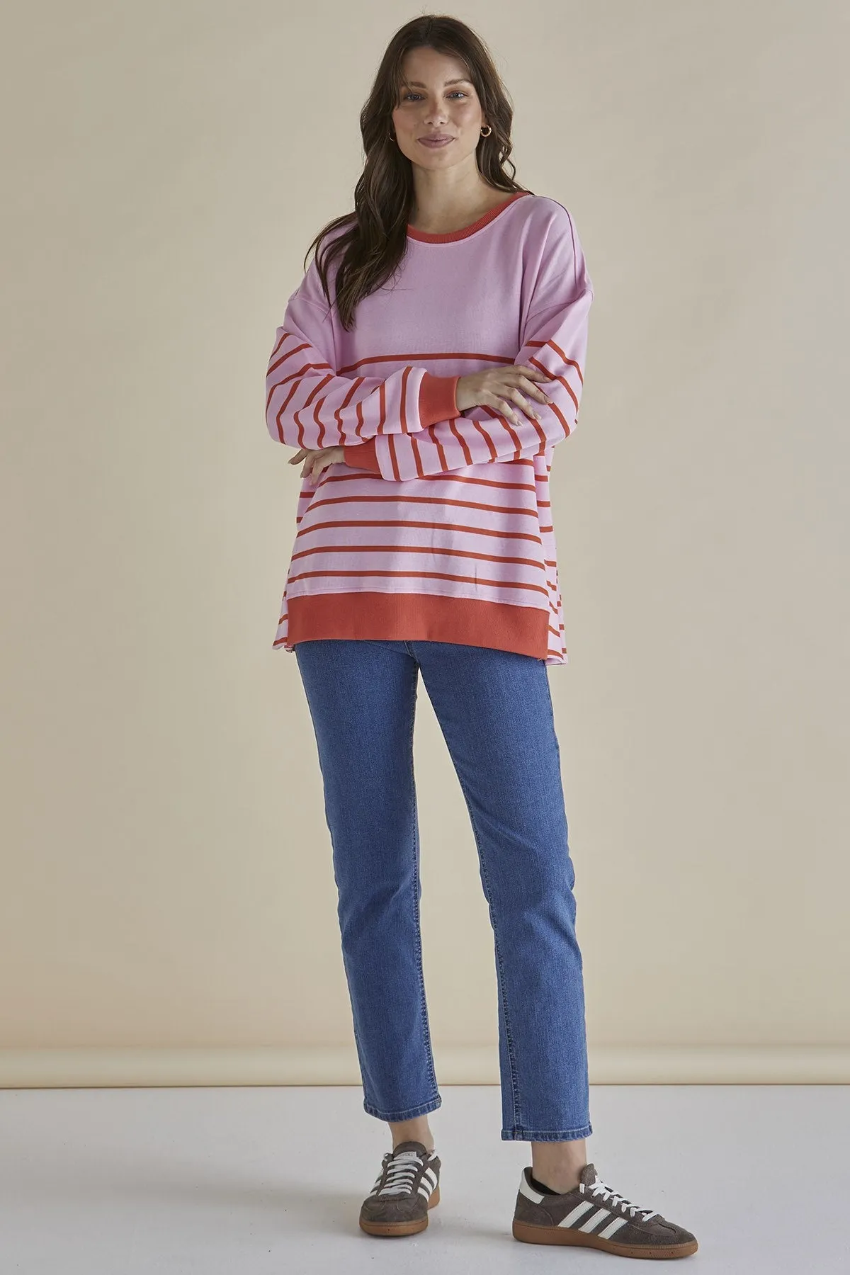 Betty Basics Easy Crew Sweat Pink Orange Stripe