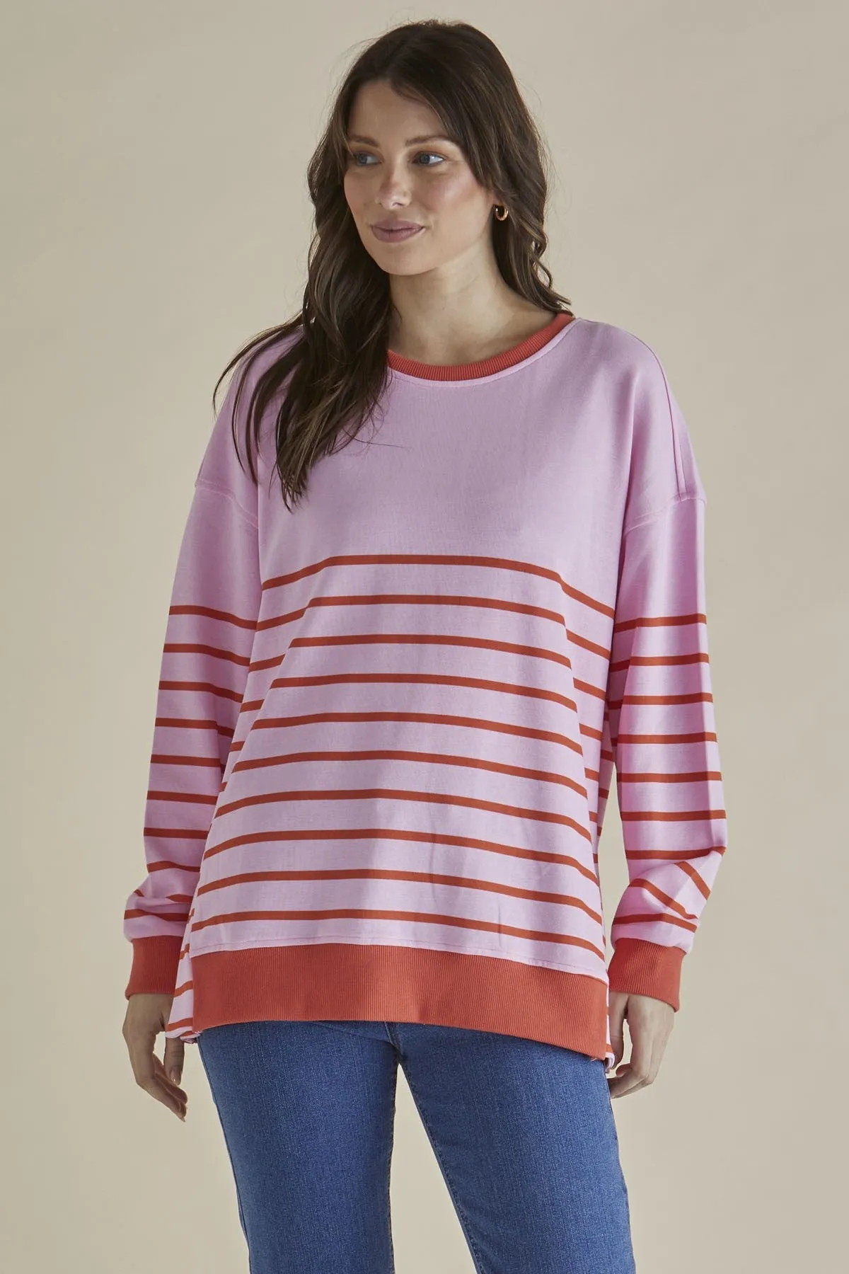 Betty Basics Easy Crew Sweat Pink Orange Stripe