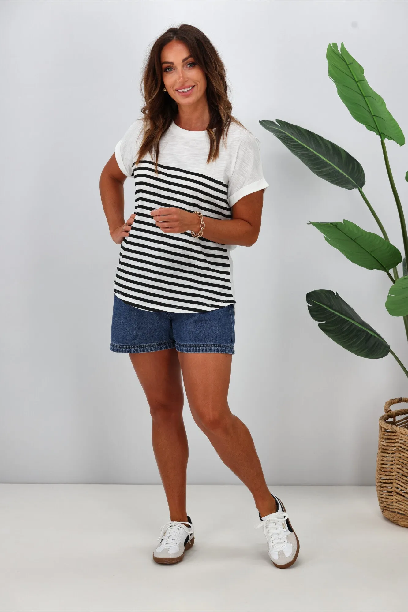 Betty Basics Hailey Short Sleeve Tee White Black Stripe