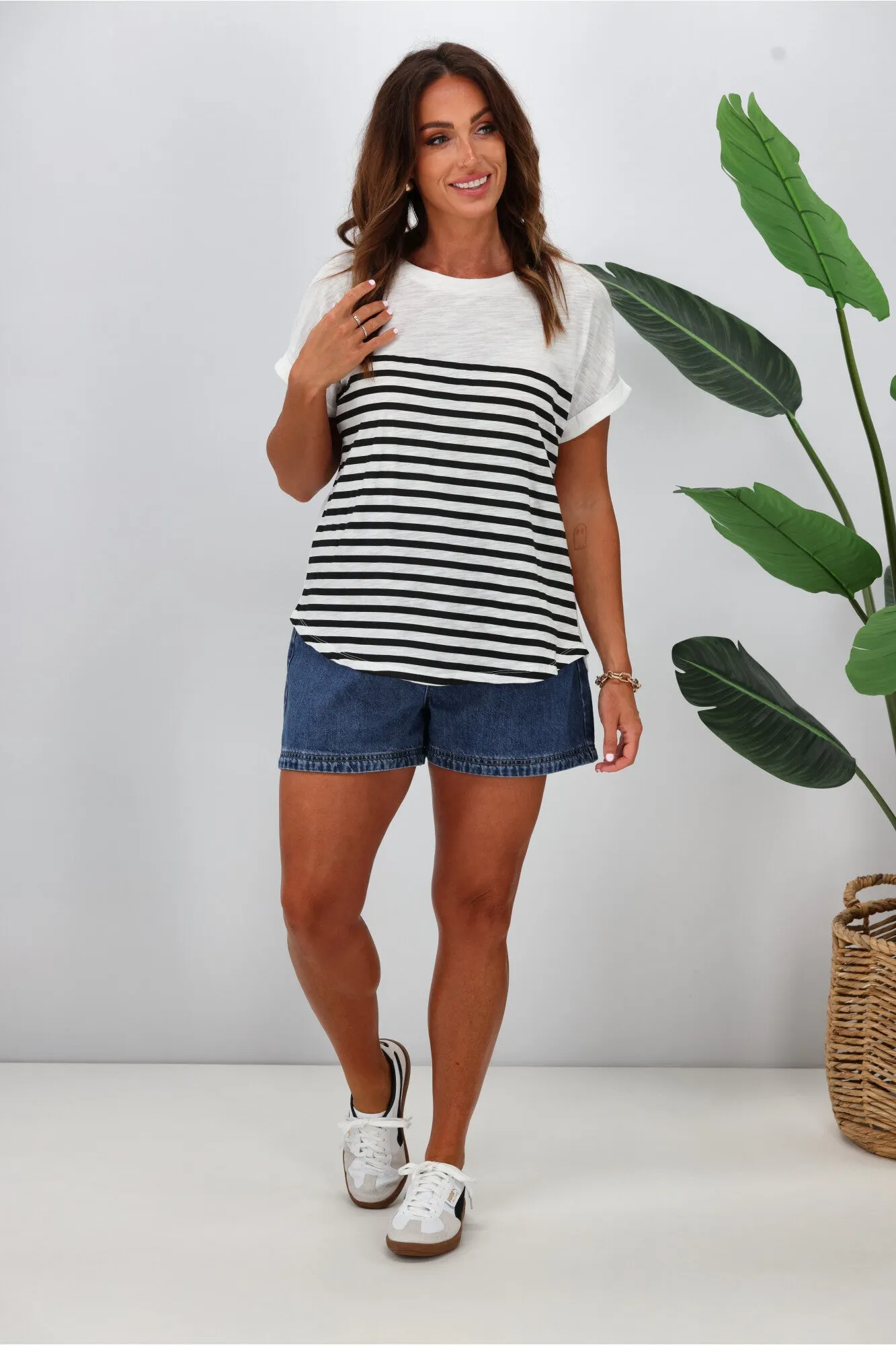 Betty Basics Hailey Short Sleeve Tee White Black Stripe