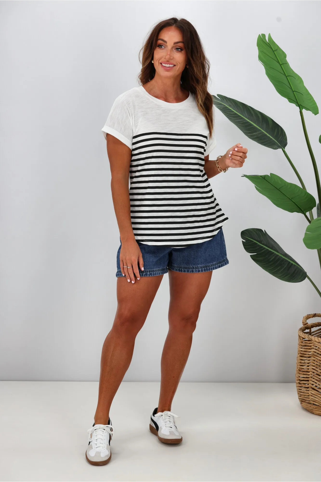 Betty Basics Hailey Short Sleeve Tee White Black Stripe