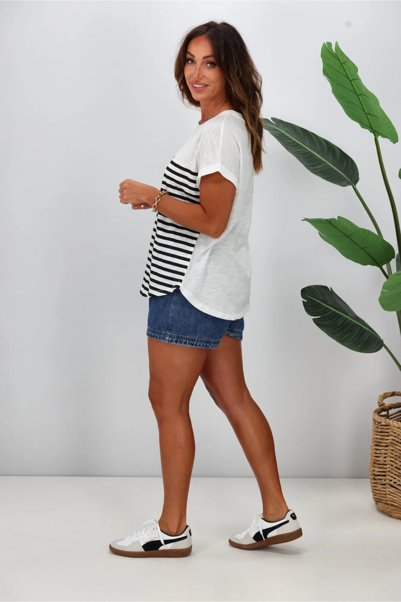 Betty Basics Hailey Short Sleeve Tee White Black Stripe