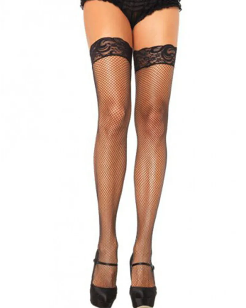 Black Fishnet Plus Size Thigh Highs with Lace Top