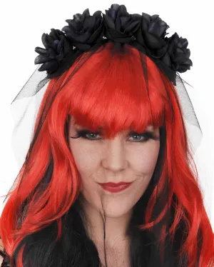 Black Veil with Roses Headband