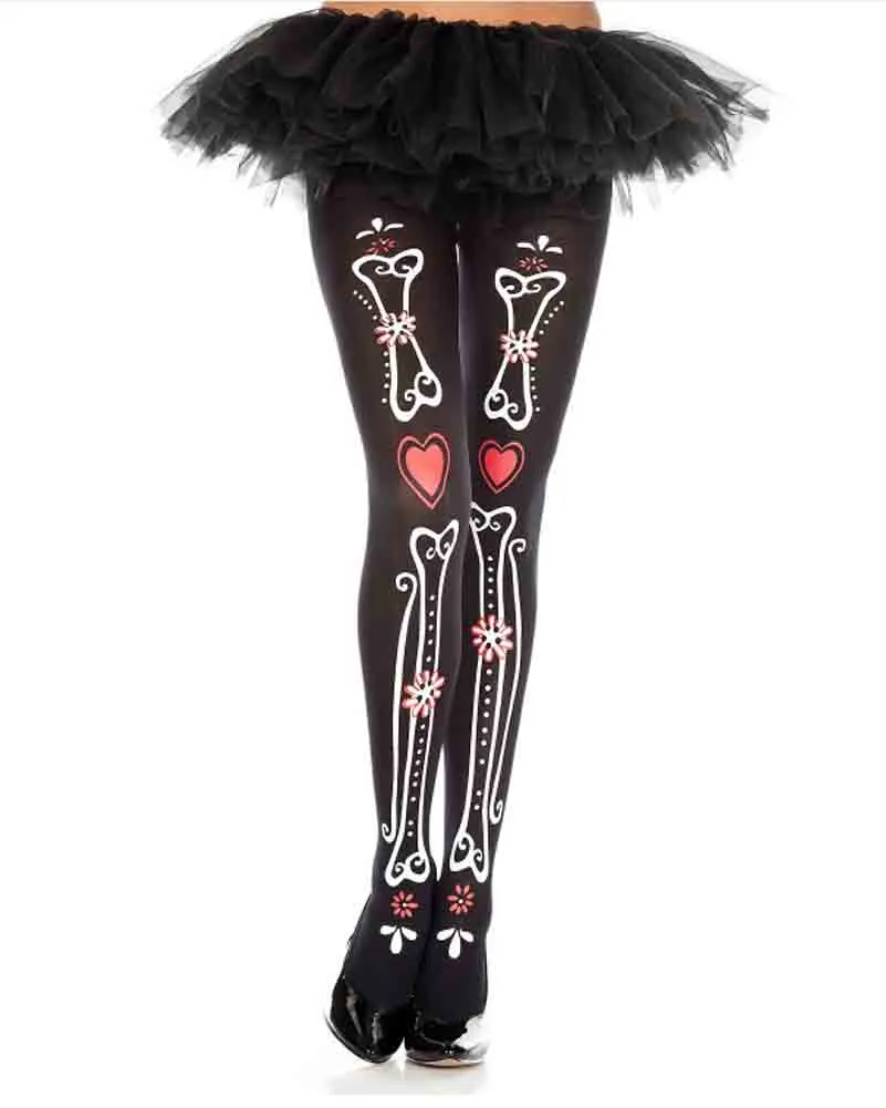 Bone and Heart Print Pantyhose