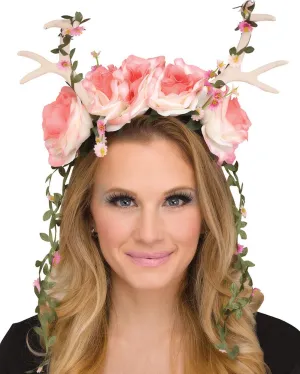 Faun Fantasy Headpiece with Pink Roses and White Antlers