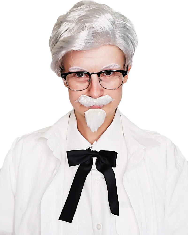 Fried Chicken Colonel Grey Wig Mo Goatee Glasses and Tie Set