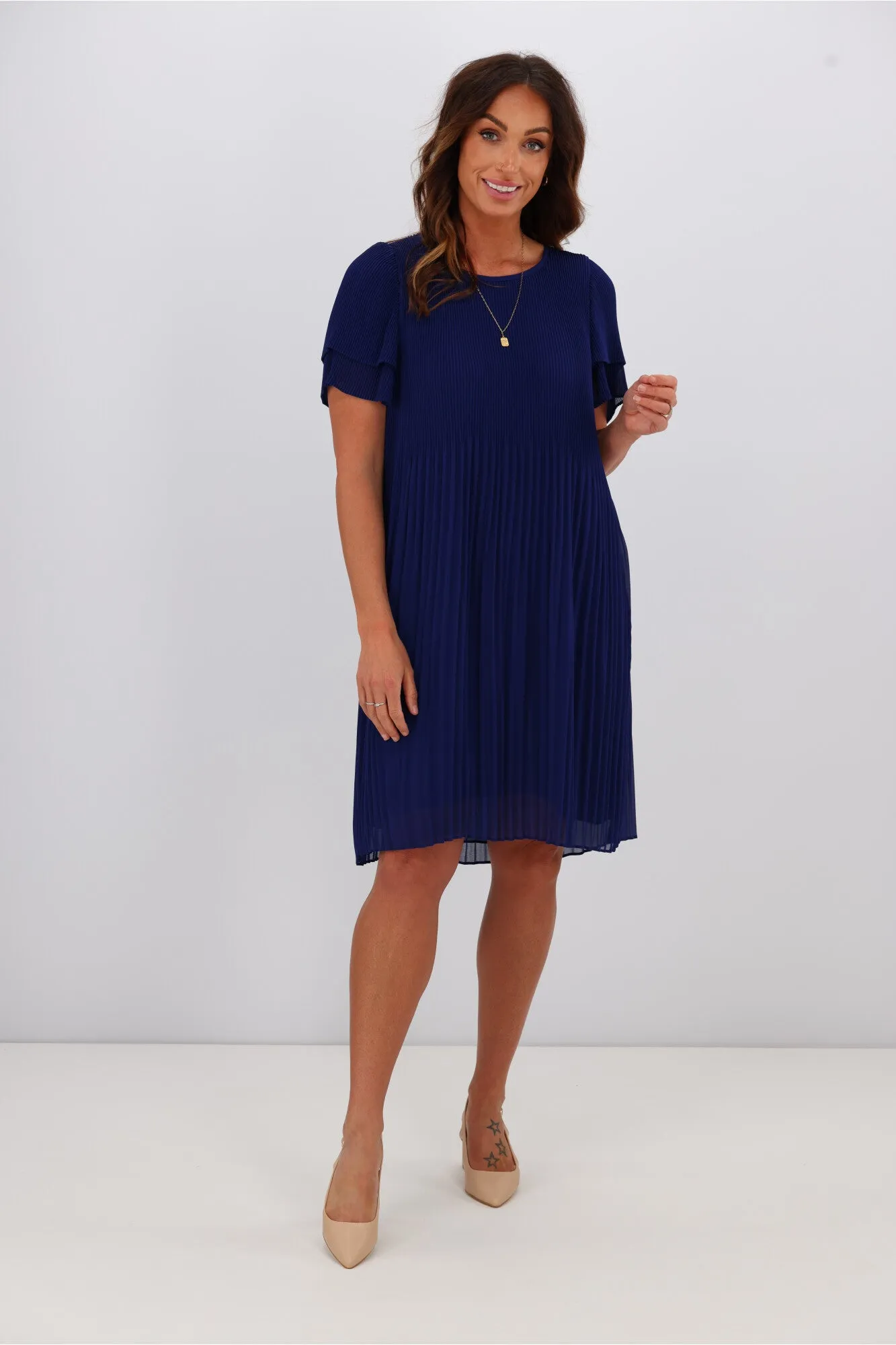 Gloss by Shine On Alberta Pleated Shift Dress Blue