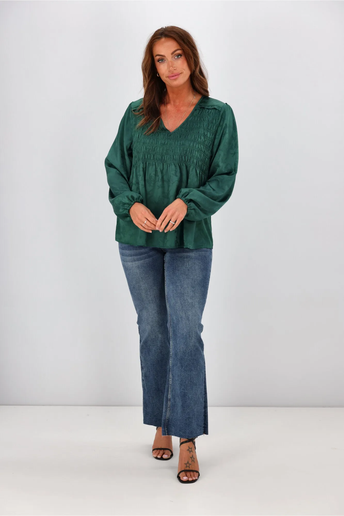 Gloss By Shine On Arabella Shirred Ruffle Blouse Jade