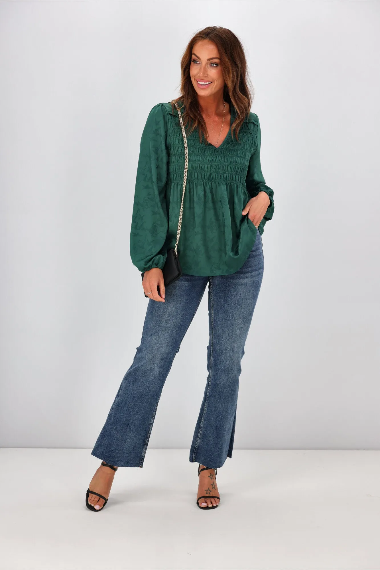 Gloss By Shine On Arabella Shirred Ruffle Blouse Jade