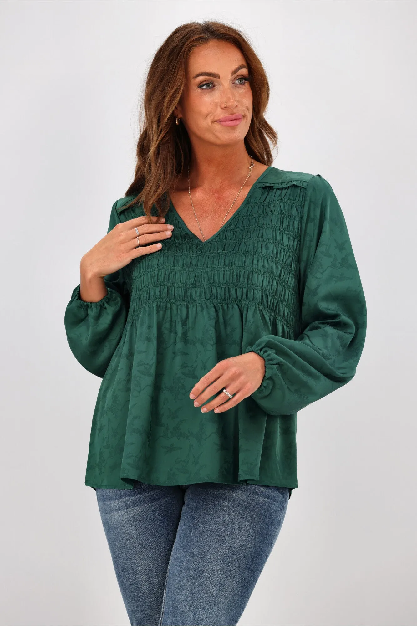 Gloss By Shine On Arabella Shirred Ruffle Blouse Jade