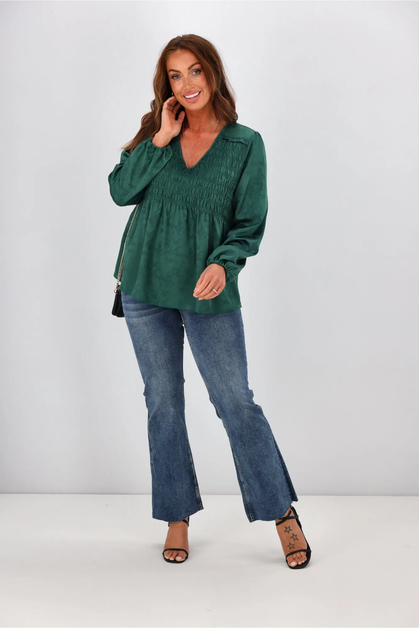 Gloss By Shine On Arabella Shirred Ruffle Blouse Jade