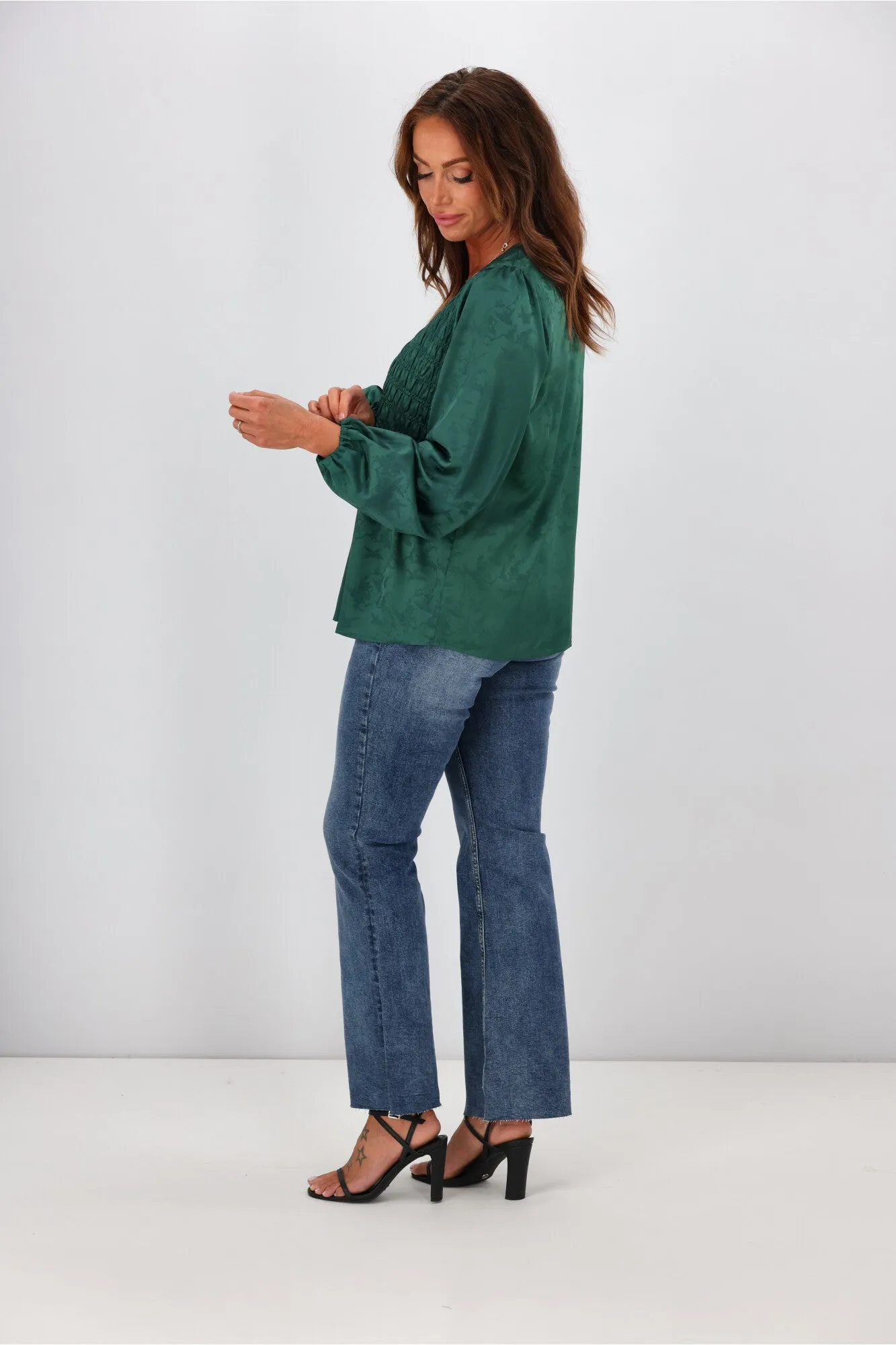 Gloss By Shine On Arabella Shirred Ruffle Blouse Jade