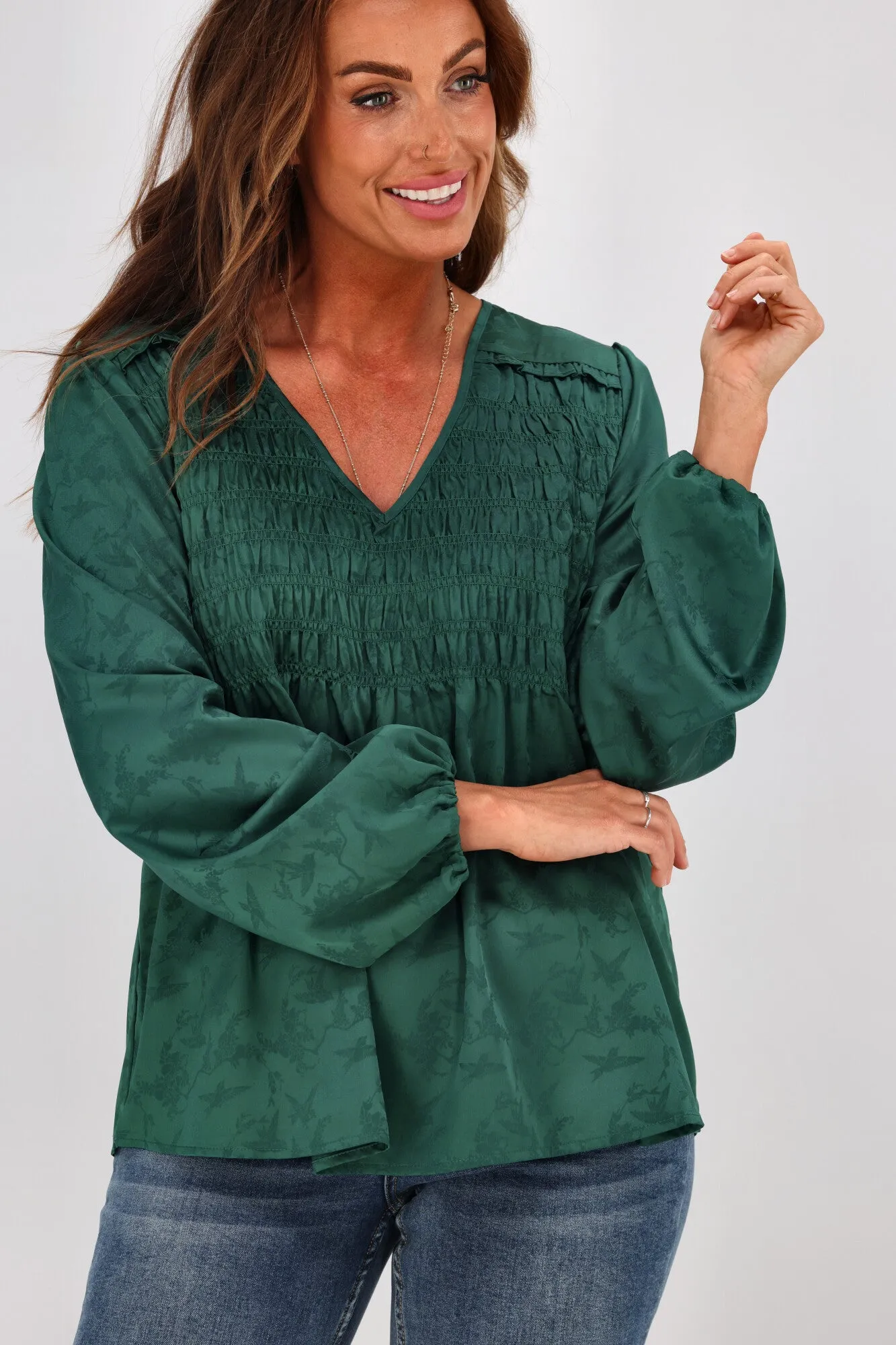Gloss By Shine On Arabella Shirred Ruffle Blouse Jade