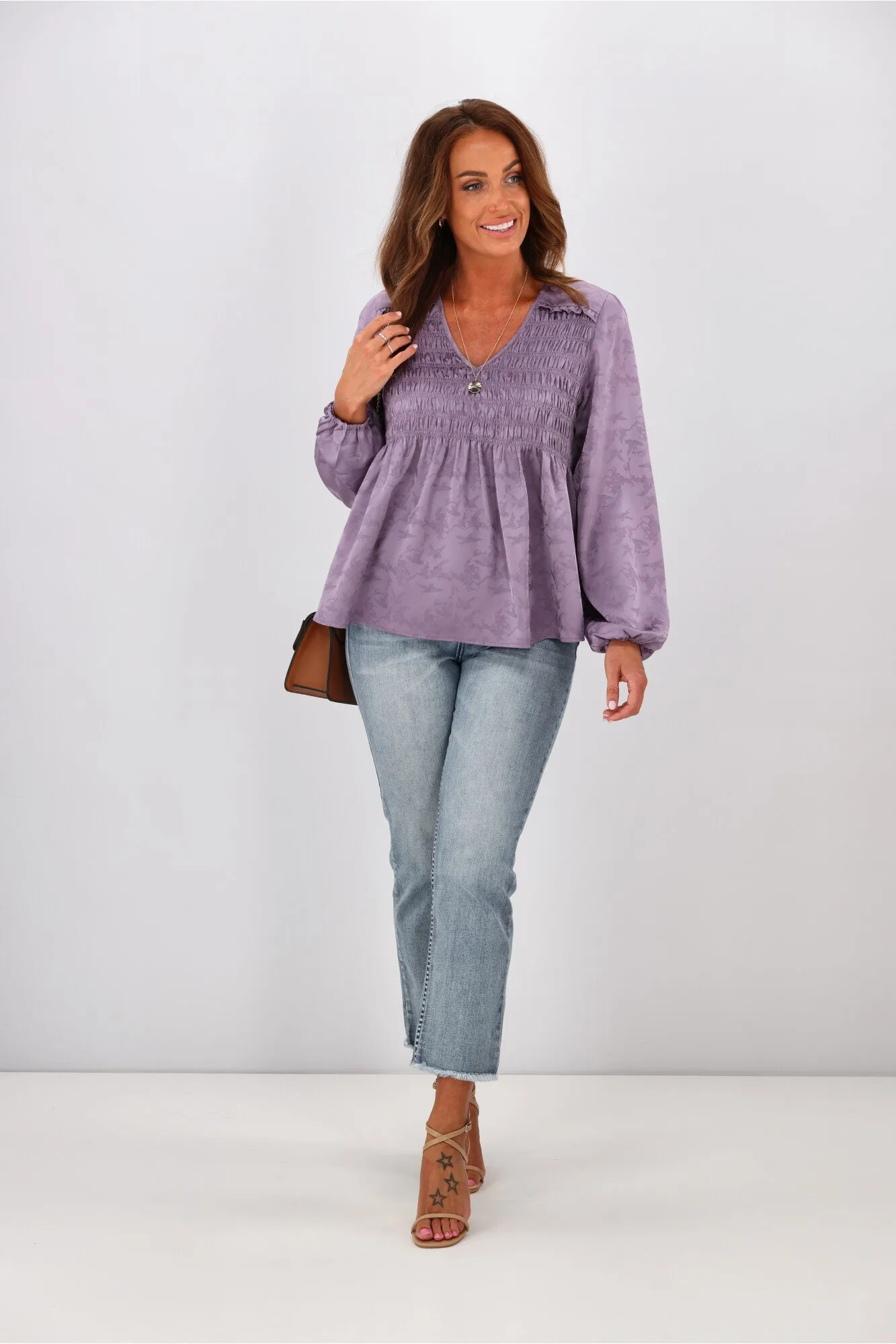 Gloss By Shine On Arabella Shirred Ruffle Blouse Mauve
