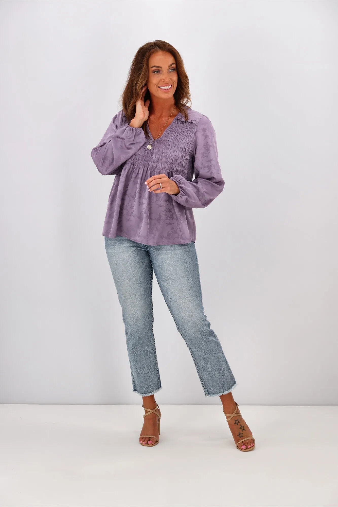 Gloss By Shine On Arabella Shirred Ruffle Blouse Mauve