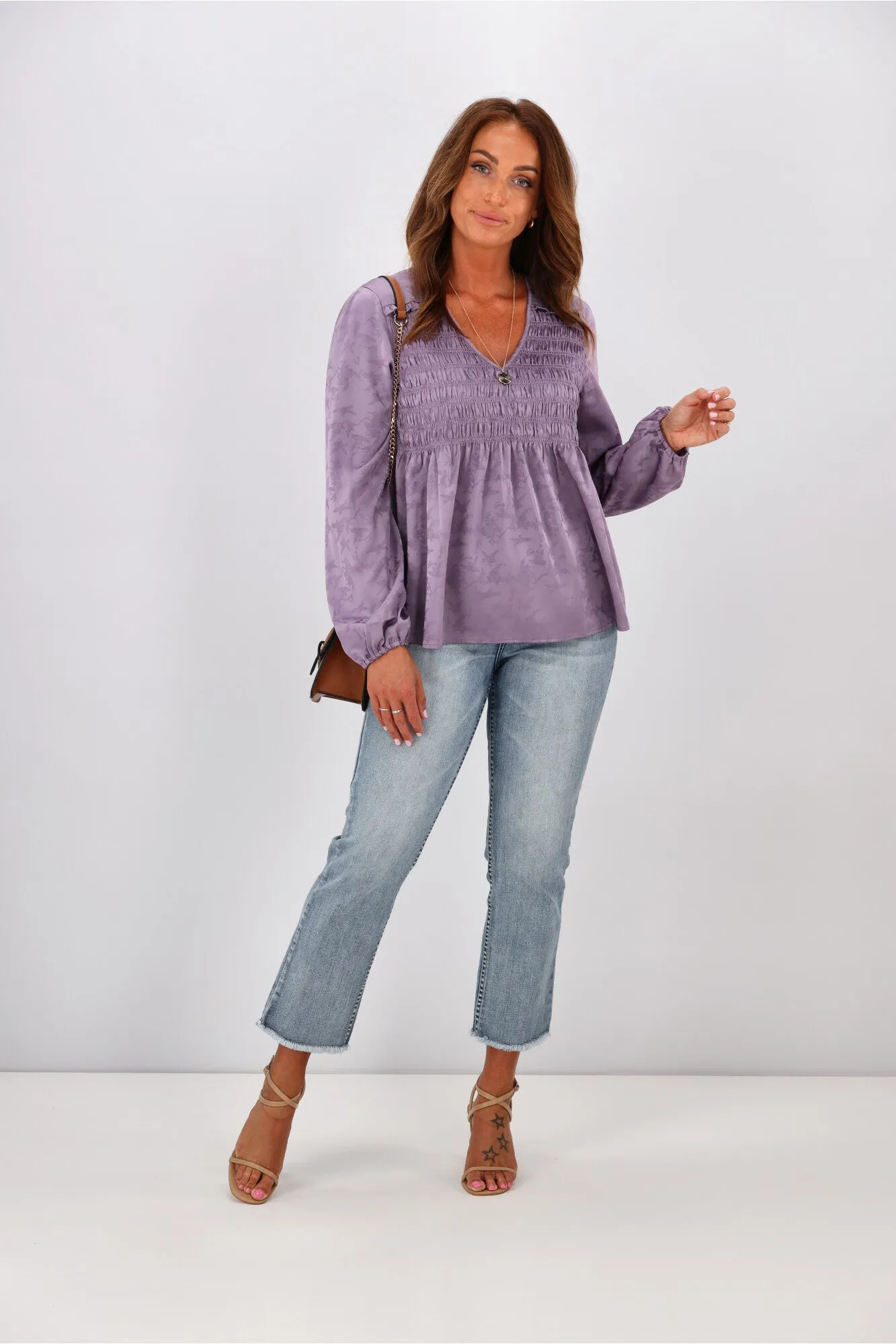 Gloss By Shine On Arabella Shirred Ruffle Blouse Mauve