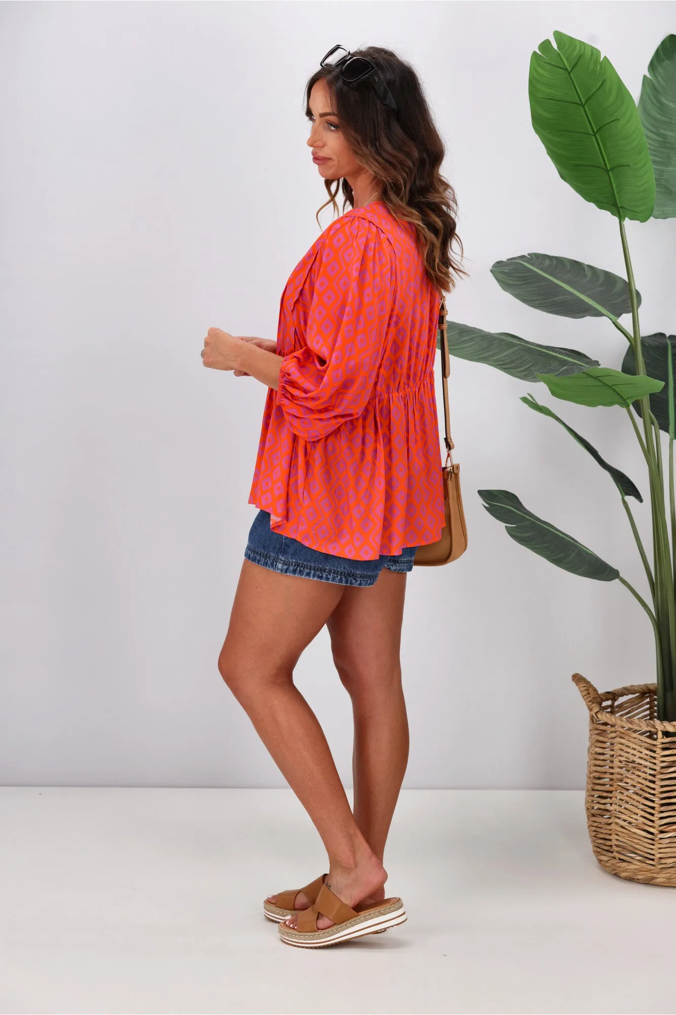Gloss by Shine On Charlotte Balloon Sleeve Top Orange Purple Diamond Print