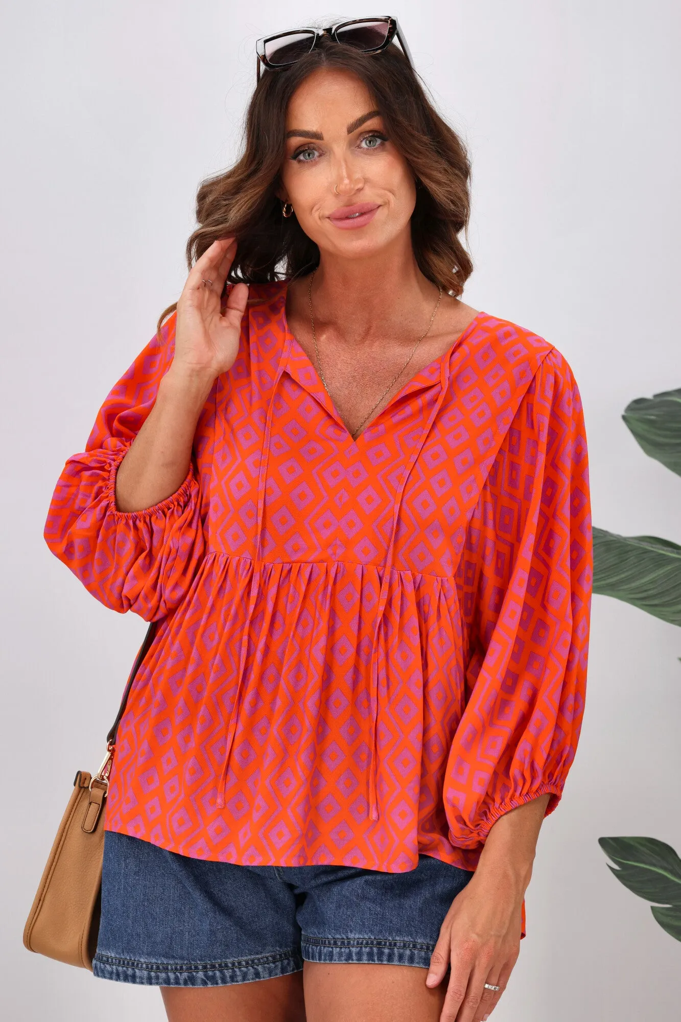 Gloss by Shine On Charlotte Balloon Sleeve Top Orange Purple Diamond Print