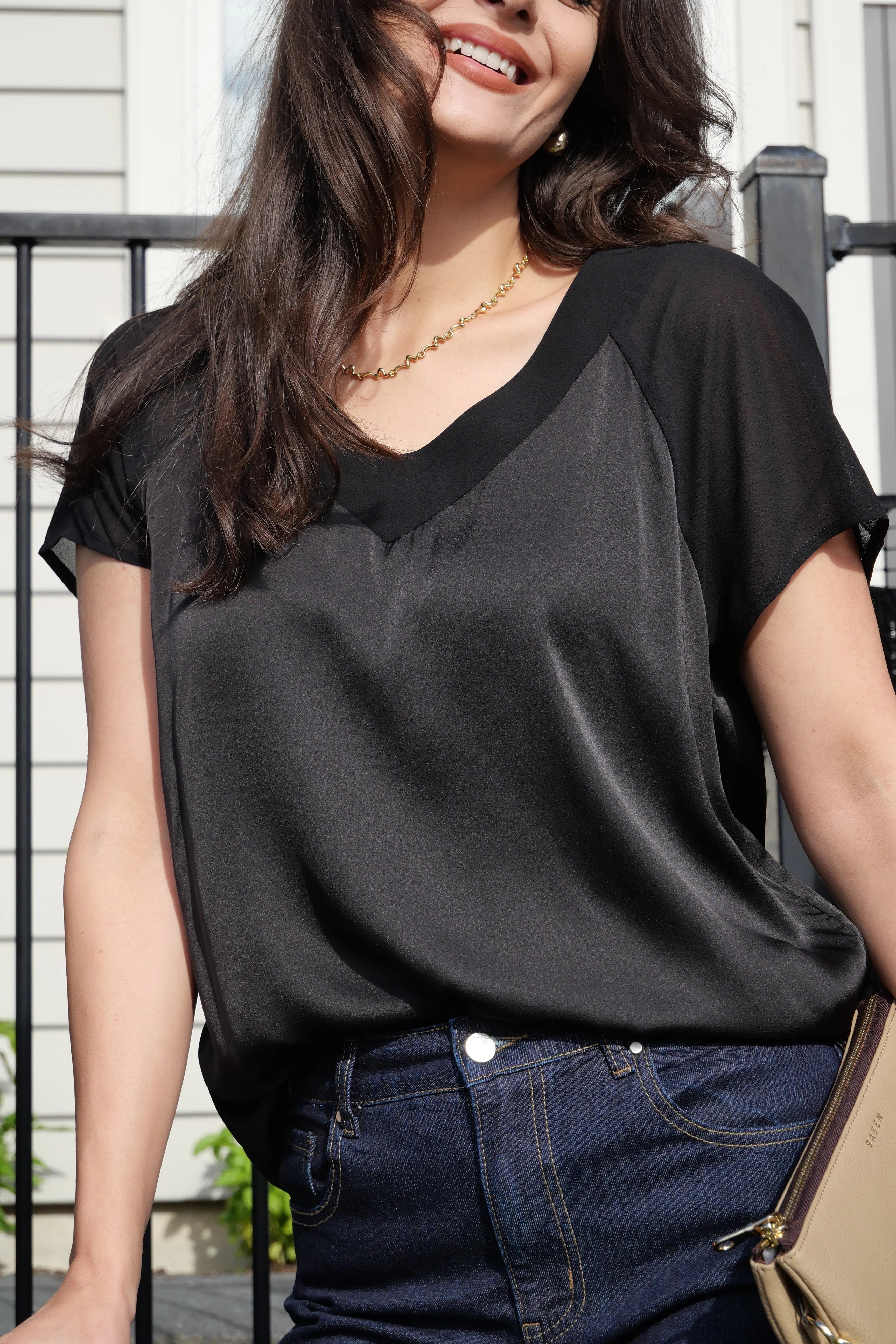 Gloss by Shine On Christina V Neck Satin Top Black