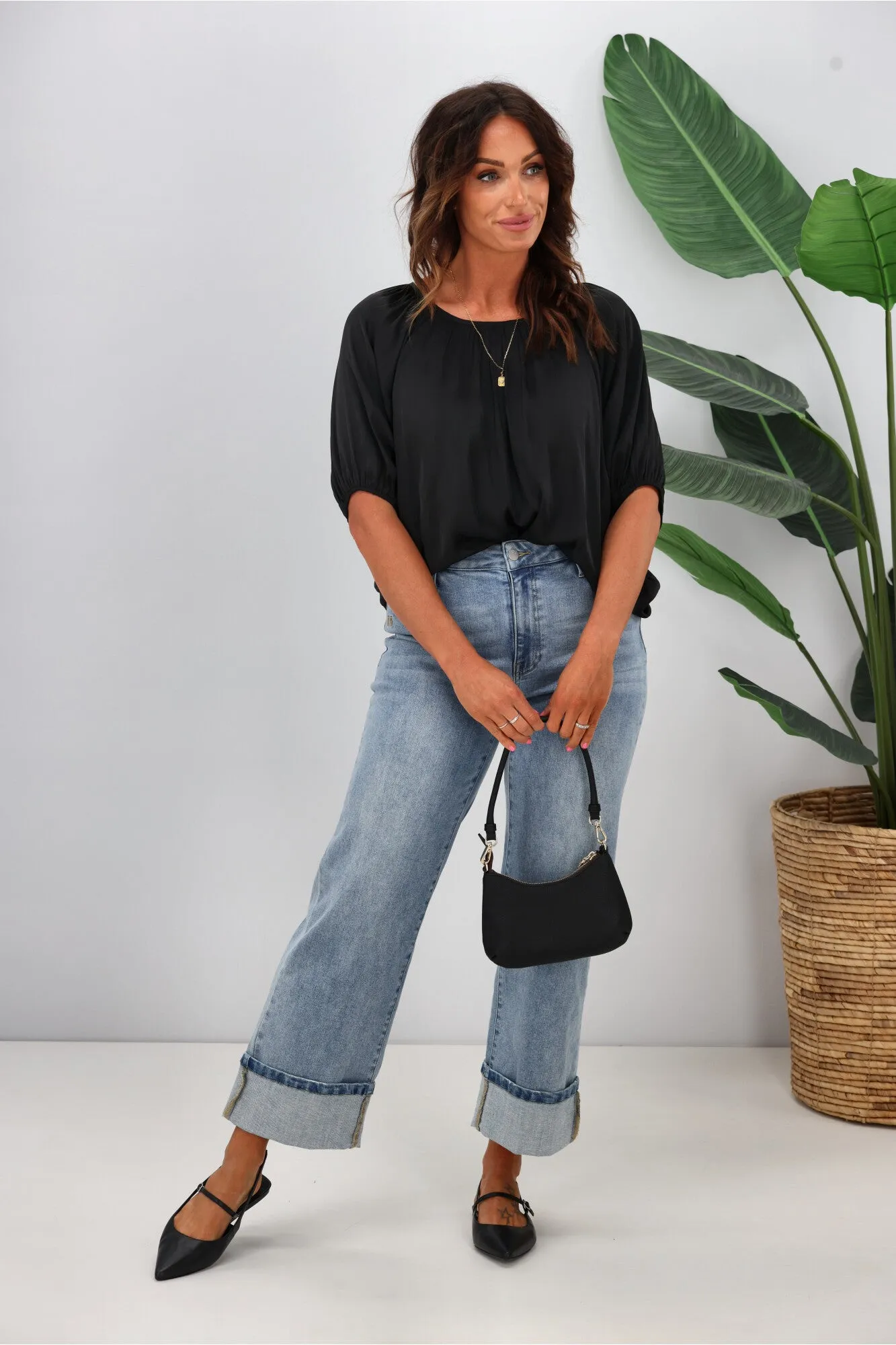 Gloss by Shine On Eve Satin Gathered Top Black