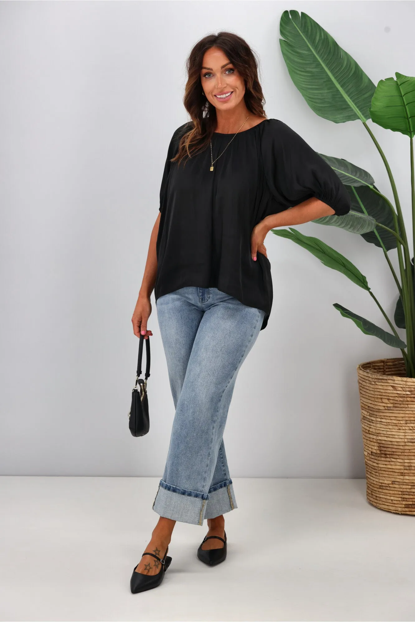 Gloss by Shine On Eve Satin Gathered Top Black