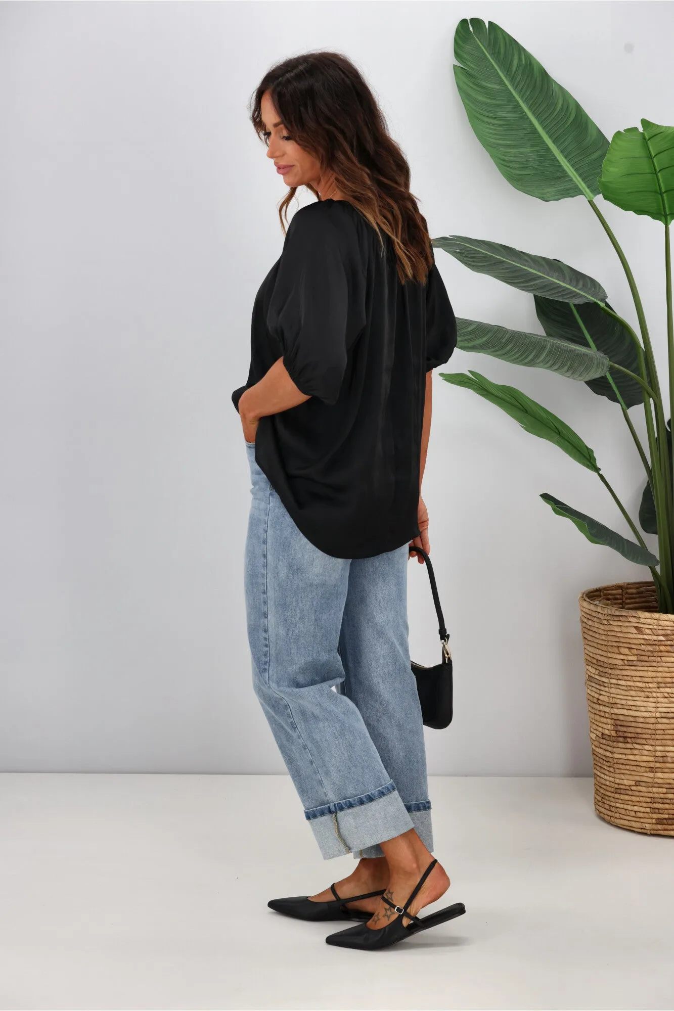 Gloss by Shine On Eve Satin Gathered Top Black