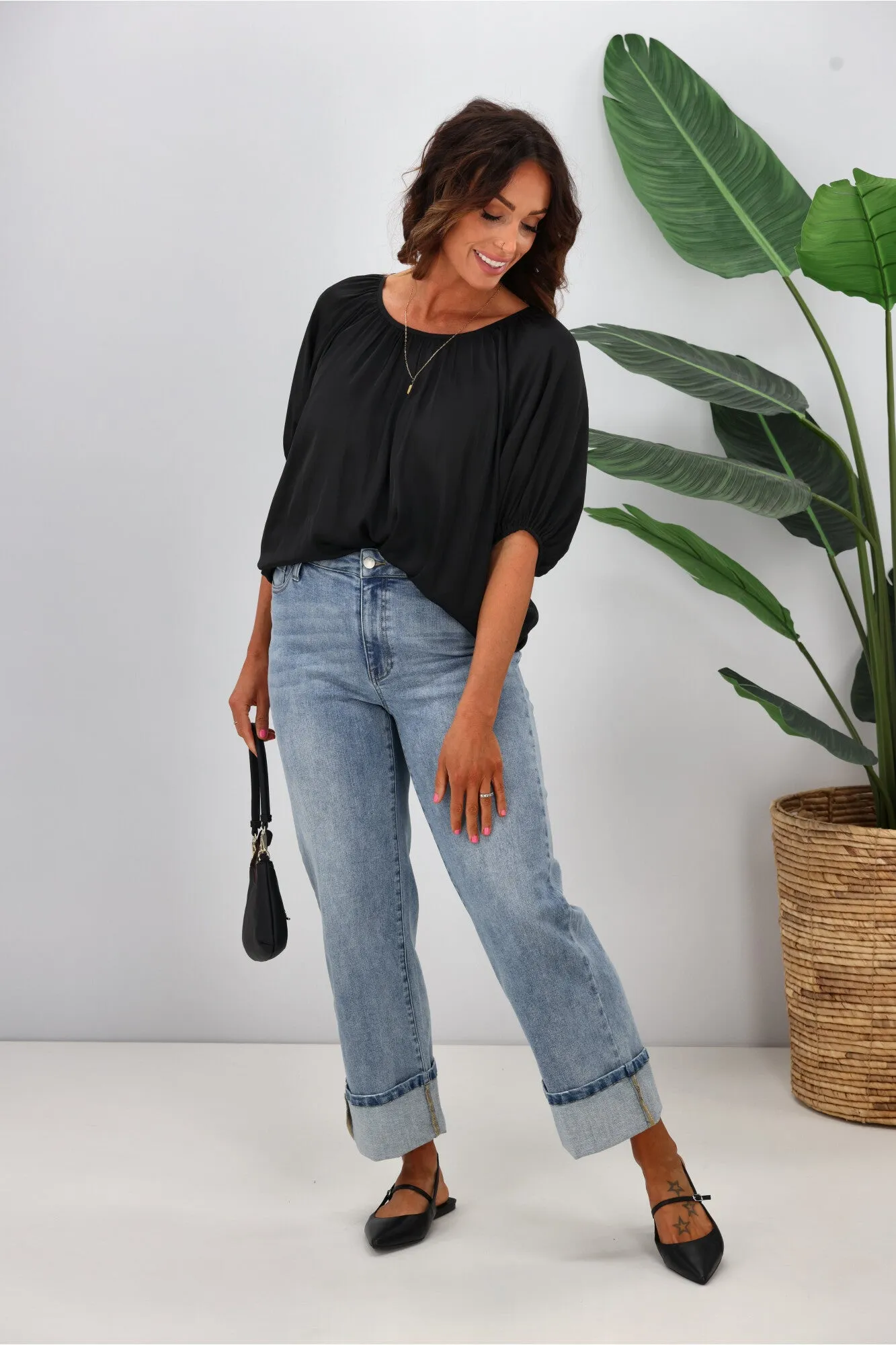 Gloss by Shine On Eve Satin Gathered Top Black