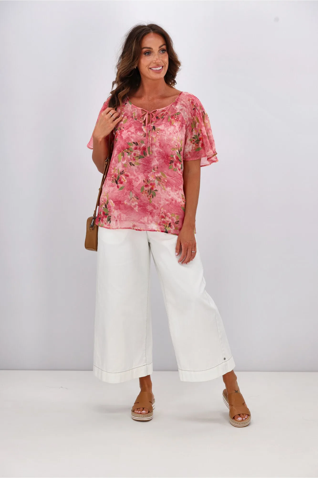 Gloss by Shine On Hilda Yoke Tie Top Pink Watercolour Floral