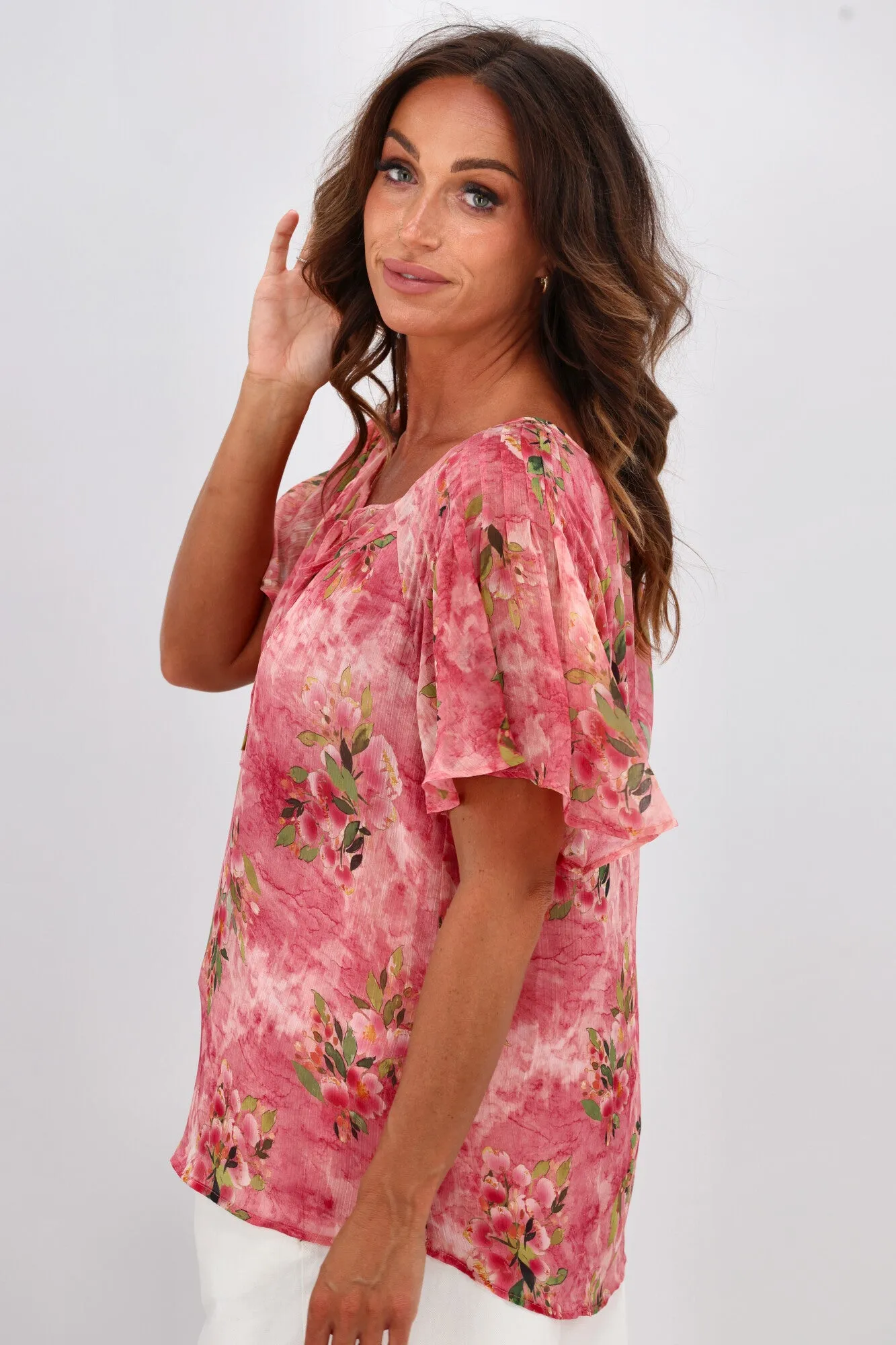 Gloss by Shine On Hilda Yoke Tie Top Pink Watercolour Floral