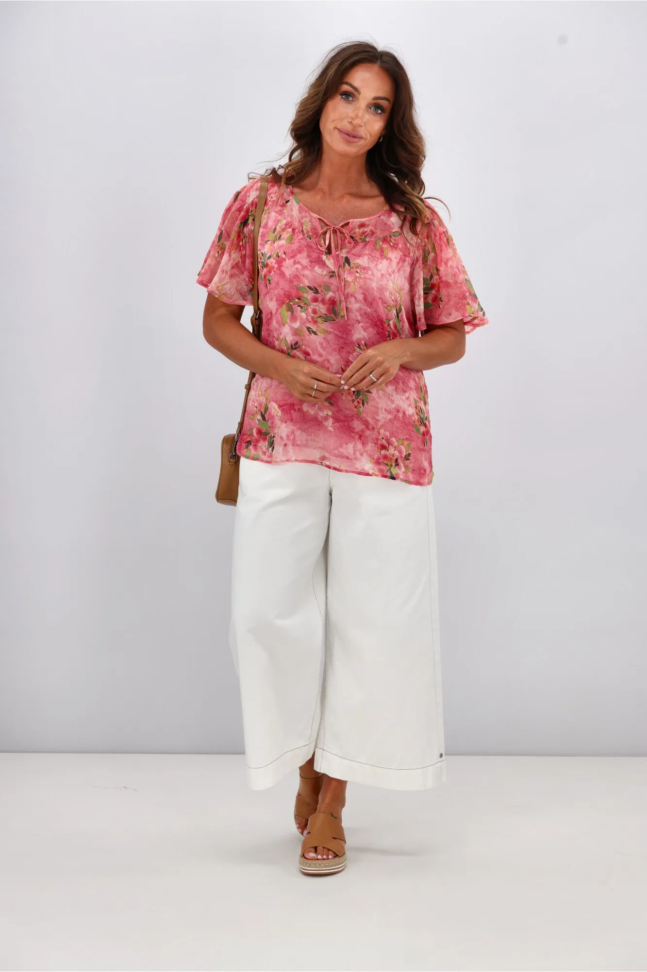 Gloss by Shine On Hilda Yoke Tie Top Pink Watercolour Floral