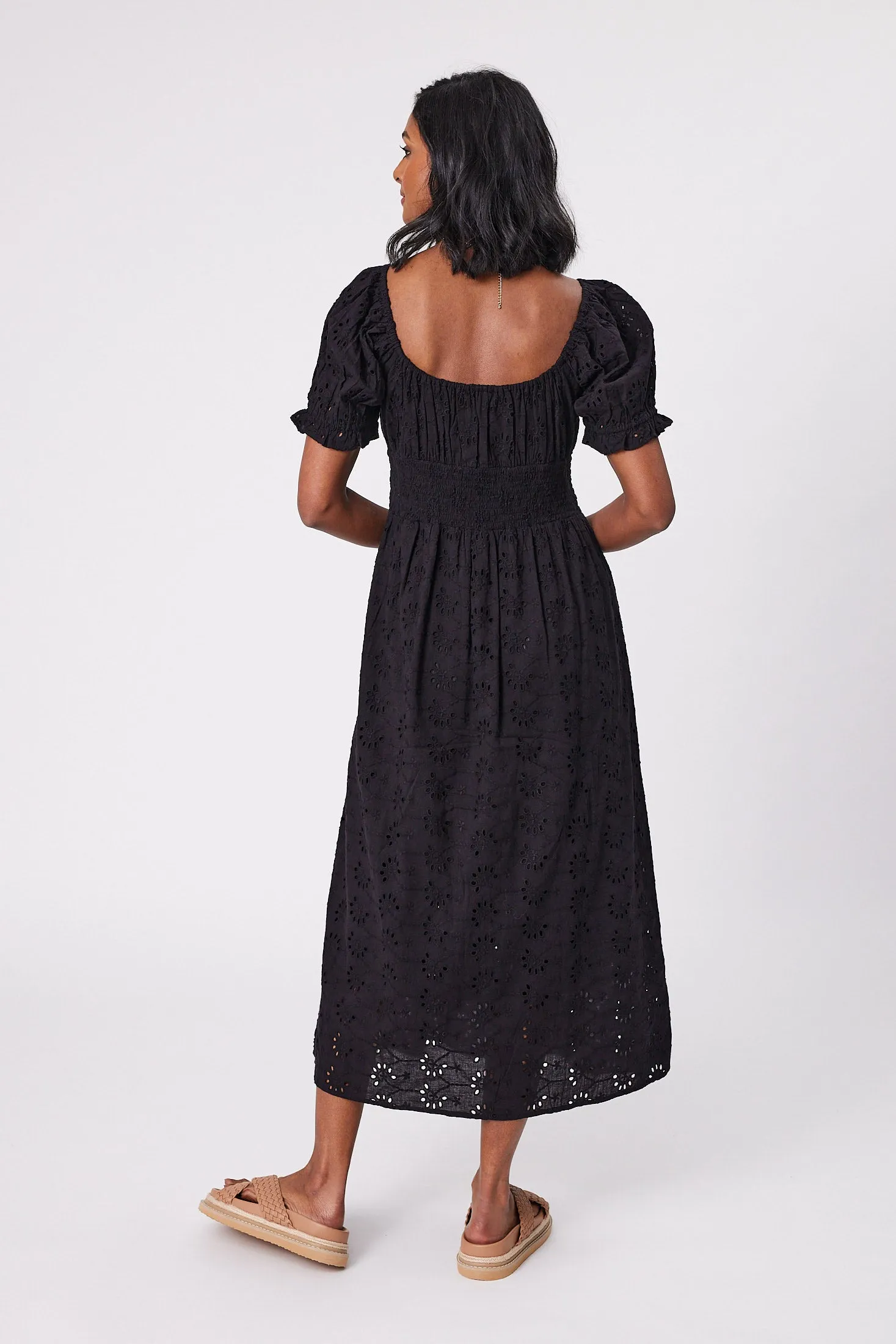 Gloss by Shine On Isolde Shirred Waist Broderie Dress Black