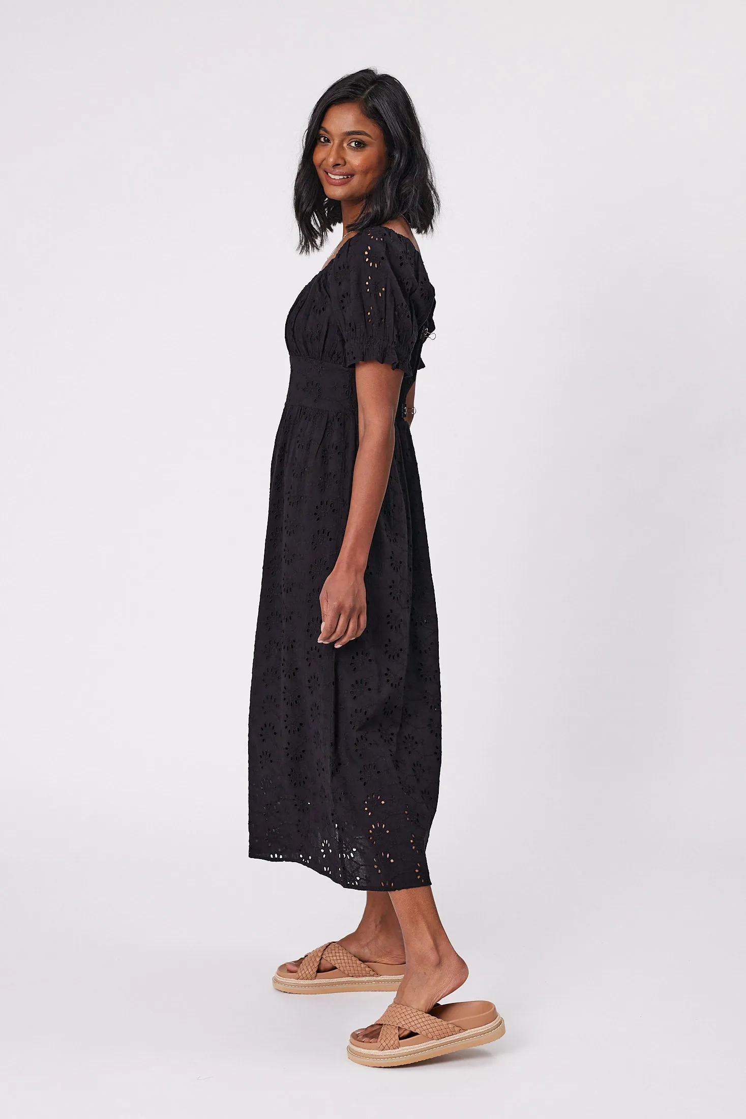Gloss by Shine On Isolde Shirred Waist Broderie Dress Black