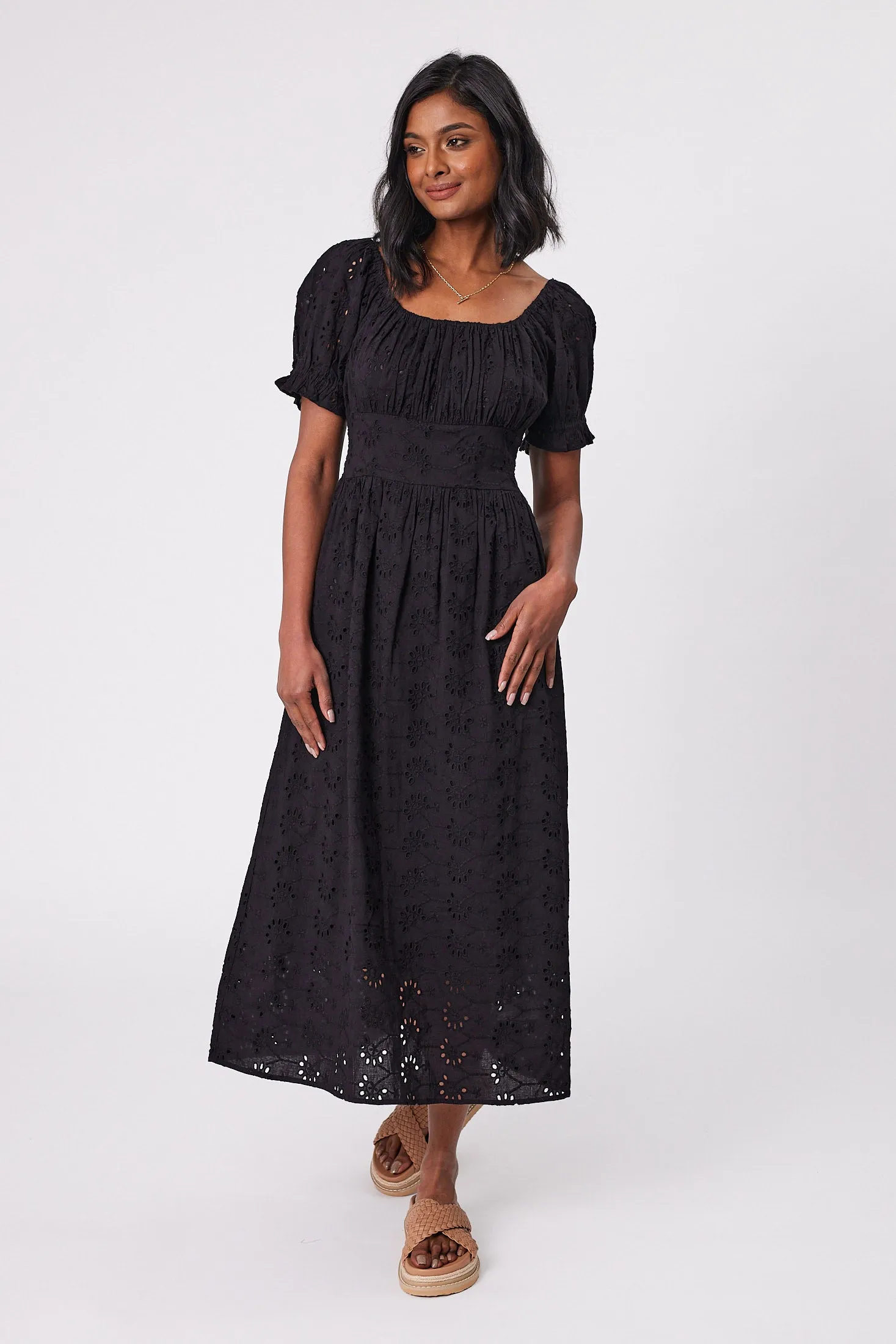 Gloss by Shine On Isolde Shirred Waist Broderie Dress Black