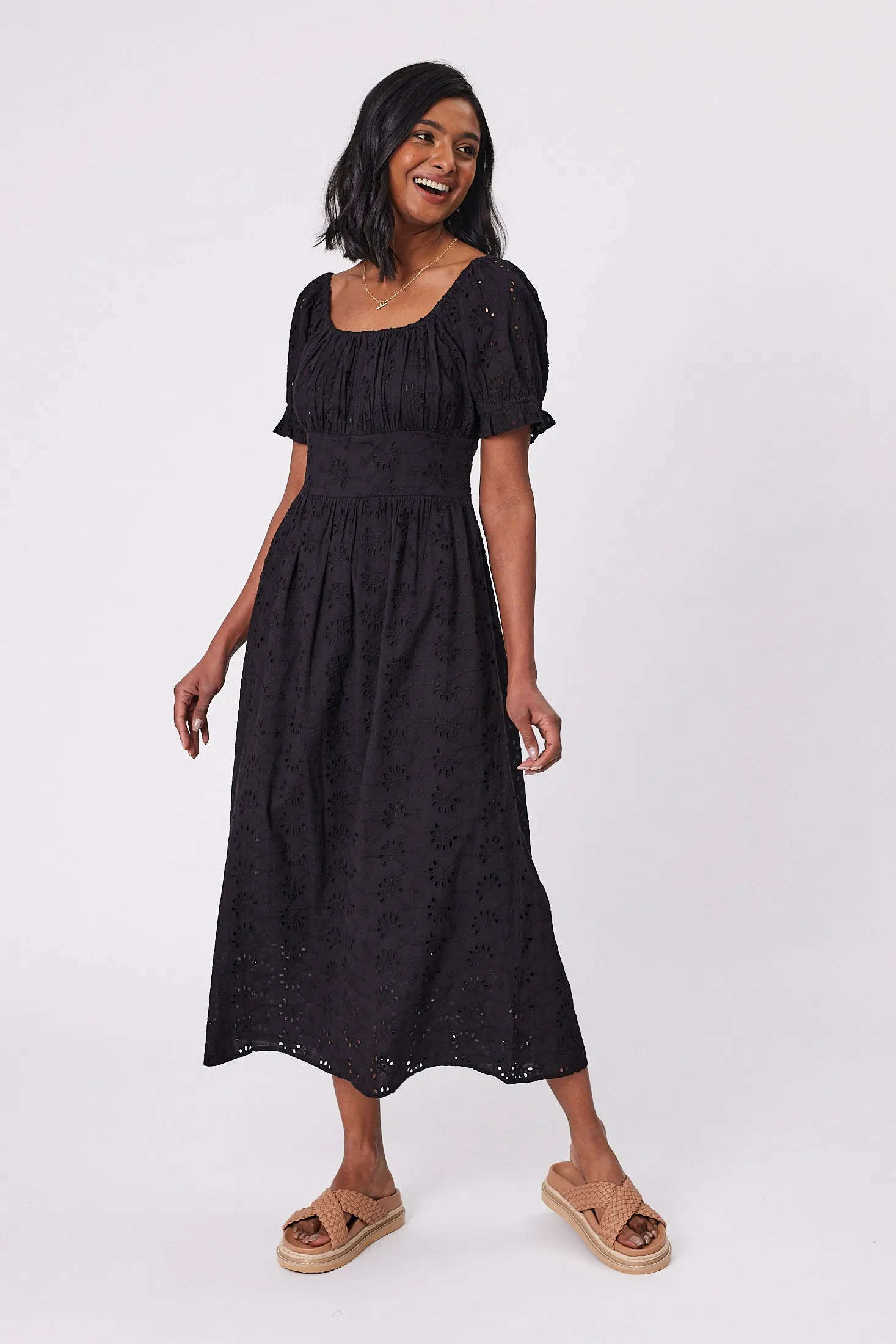 Gloss by Shine On Isolde Shirred Waist Broderie Dress Black