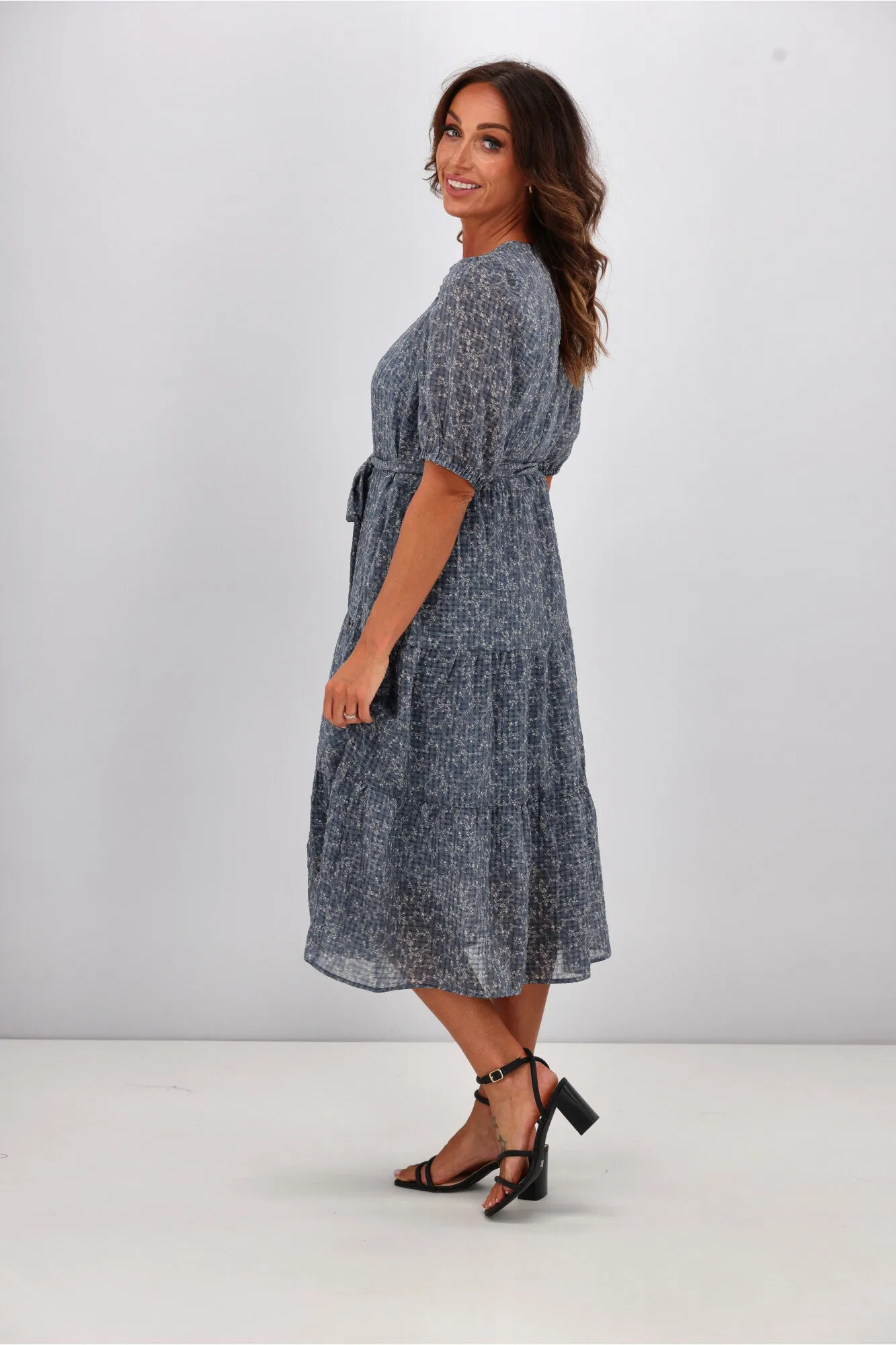 Gloss by Shine On Kaylee Puffed Sleeve Dress Check Floral Chiffon Blue