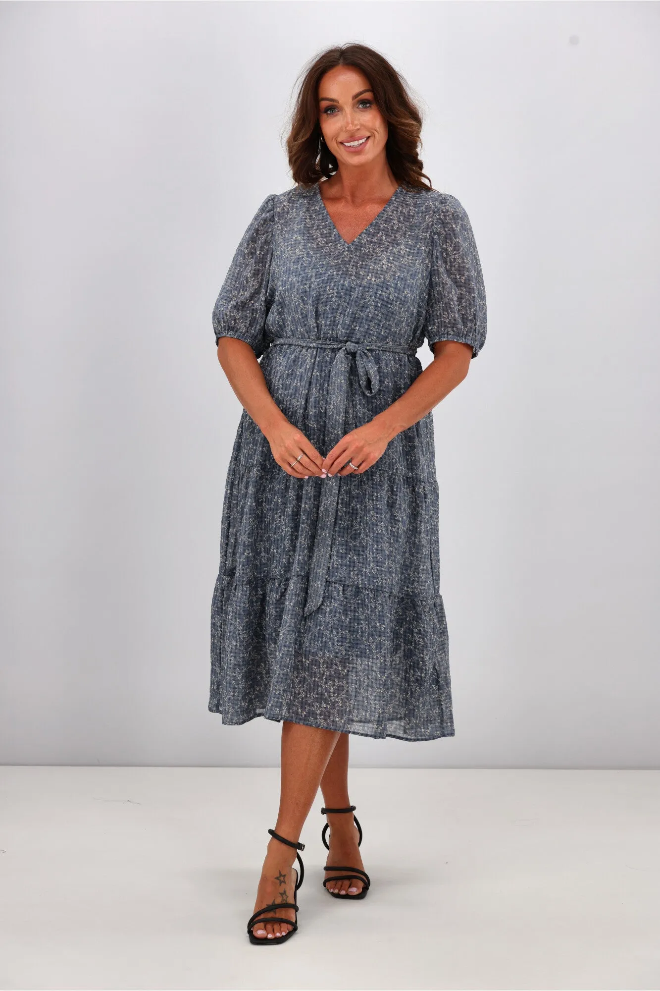 Gloss by Shine On Kaylee Puffed Sleeve Dress Check Floral Chiffon Blue