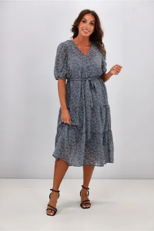 Gloss by Shine On Kaylee Puffed Sleeve Dress Check Floral Chiffon Blue