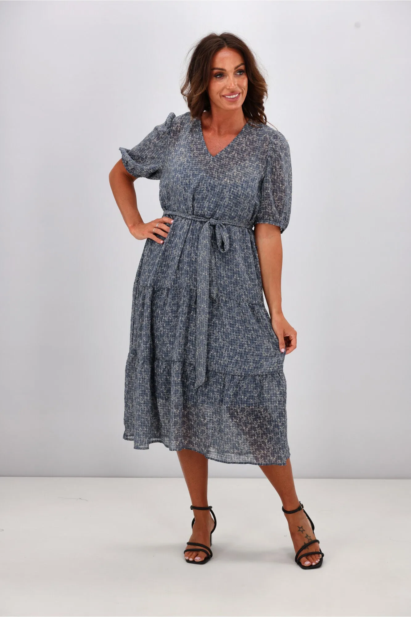 Gloss by Shine On Kaylee Puffed Sleeve Dress Check Floral Chiffon Blue