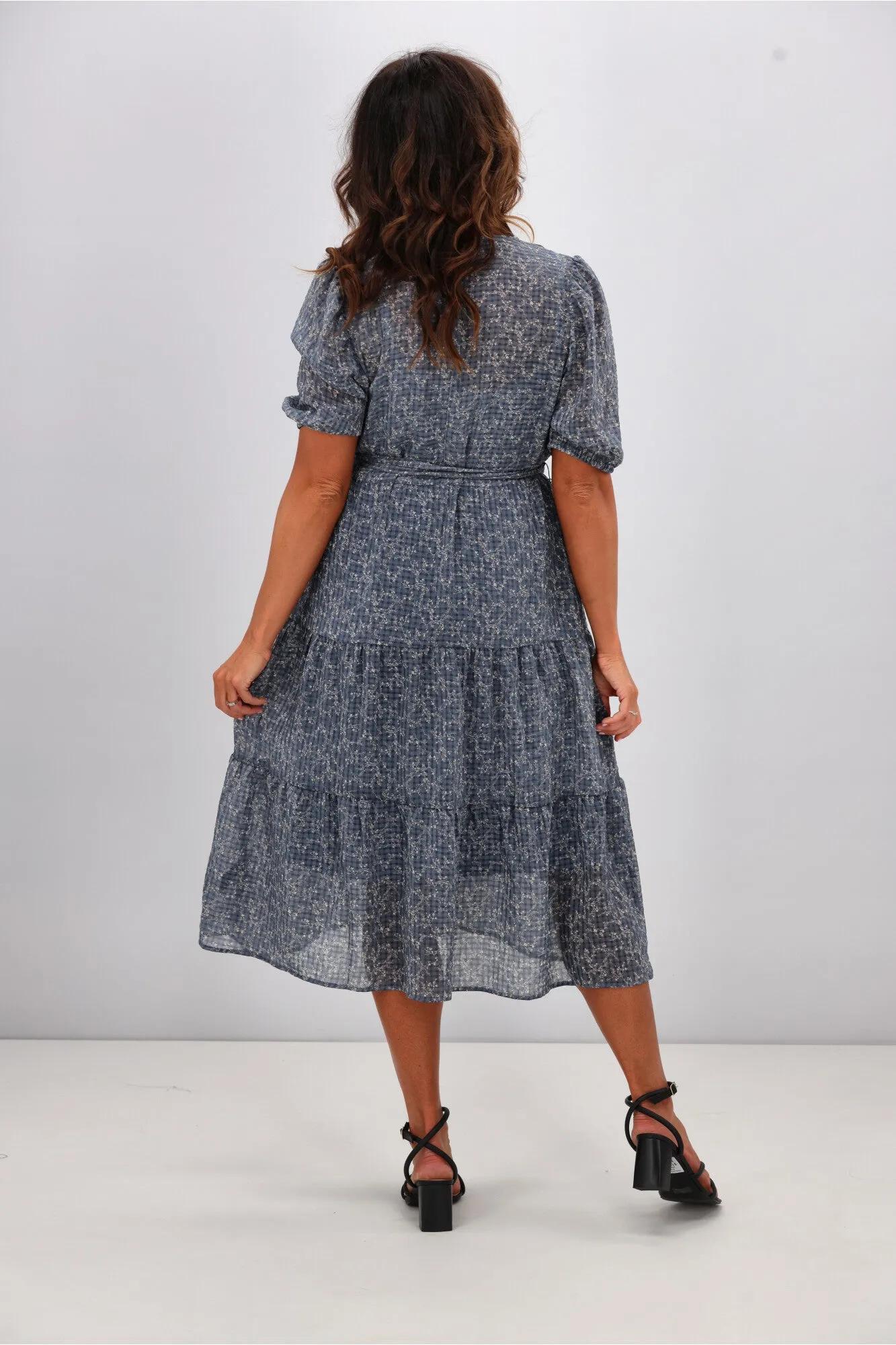 Gloss by Shine On Kaylee Puffed Sleeve Dress Check Floral Chiffon Blue