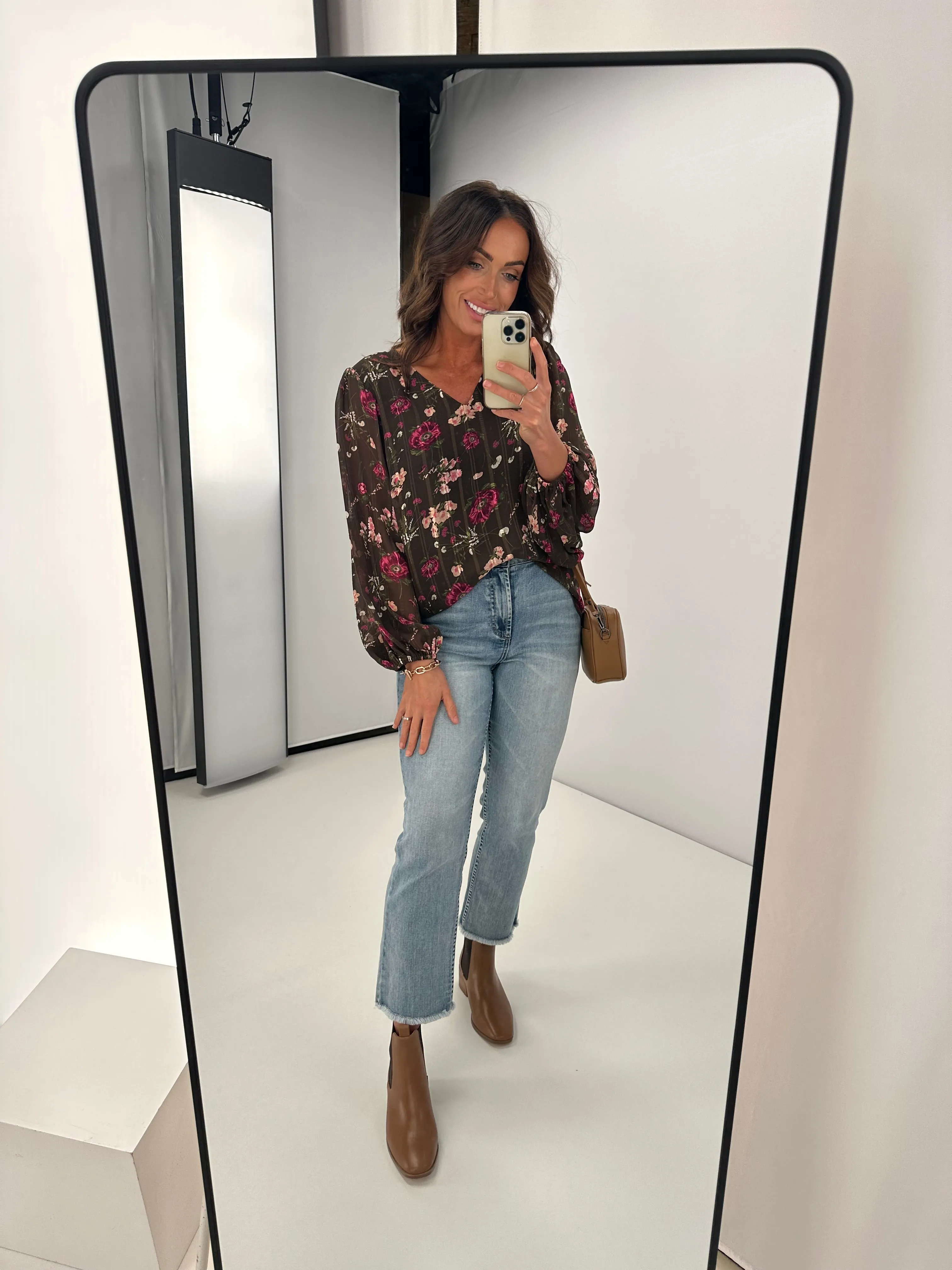 Gloss by Shine On Kinsella Blouson Sleeve Blouse Brown Stripe Floral