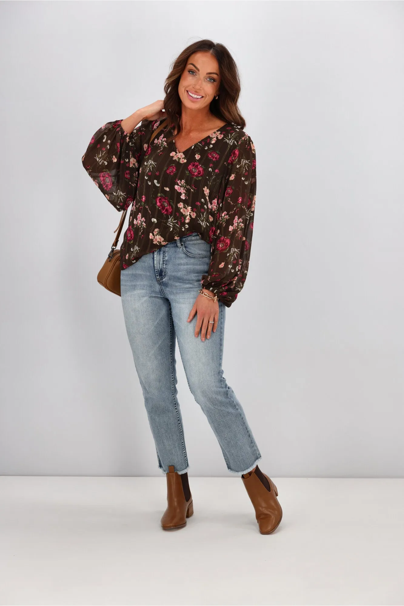 Gloss by Shine On Kinsella Blouson Sleeve Blouse Brown Stripe Floral