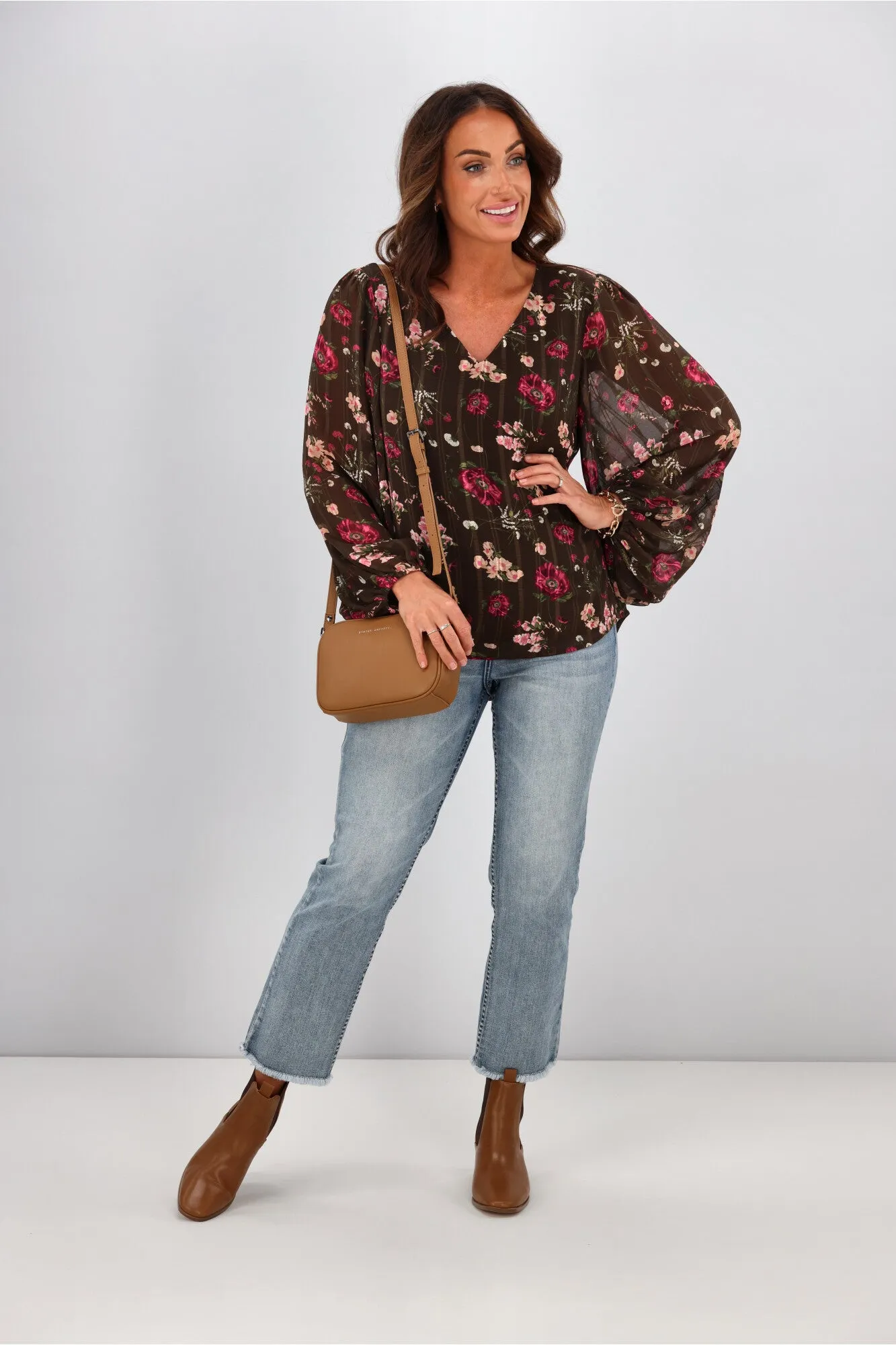 Gloss by Shine On Kinsella Blouson Sleeve Blouse Brown Stripe Floral